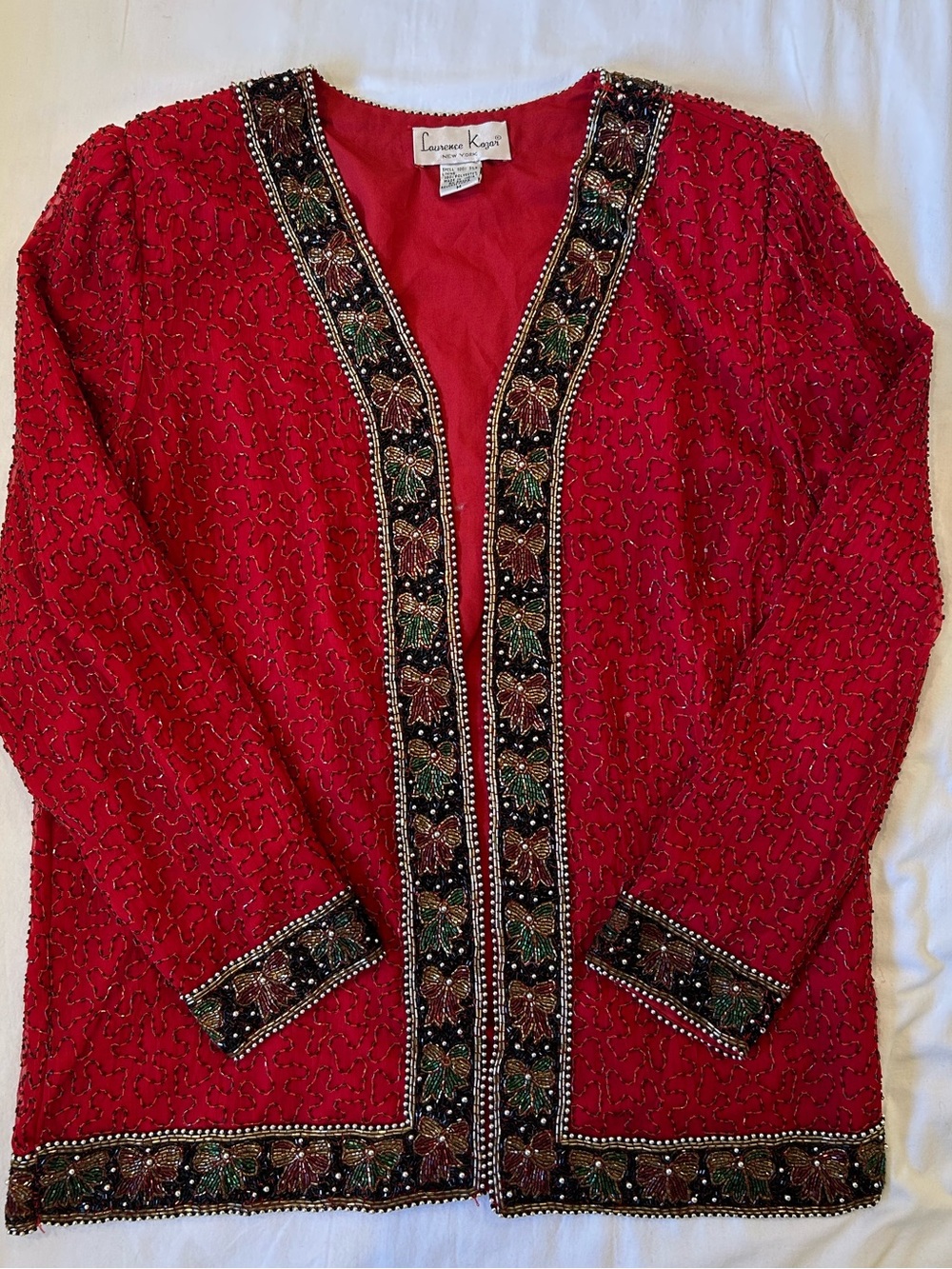 Vintage Laurence Kazar 100% silk hand beaded bedazzled holiday jacket cardigan M